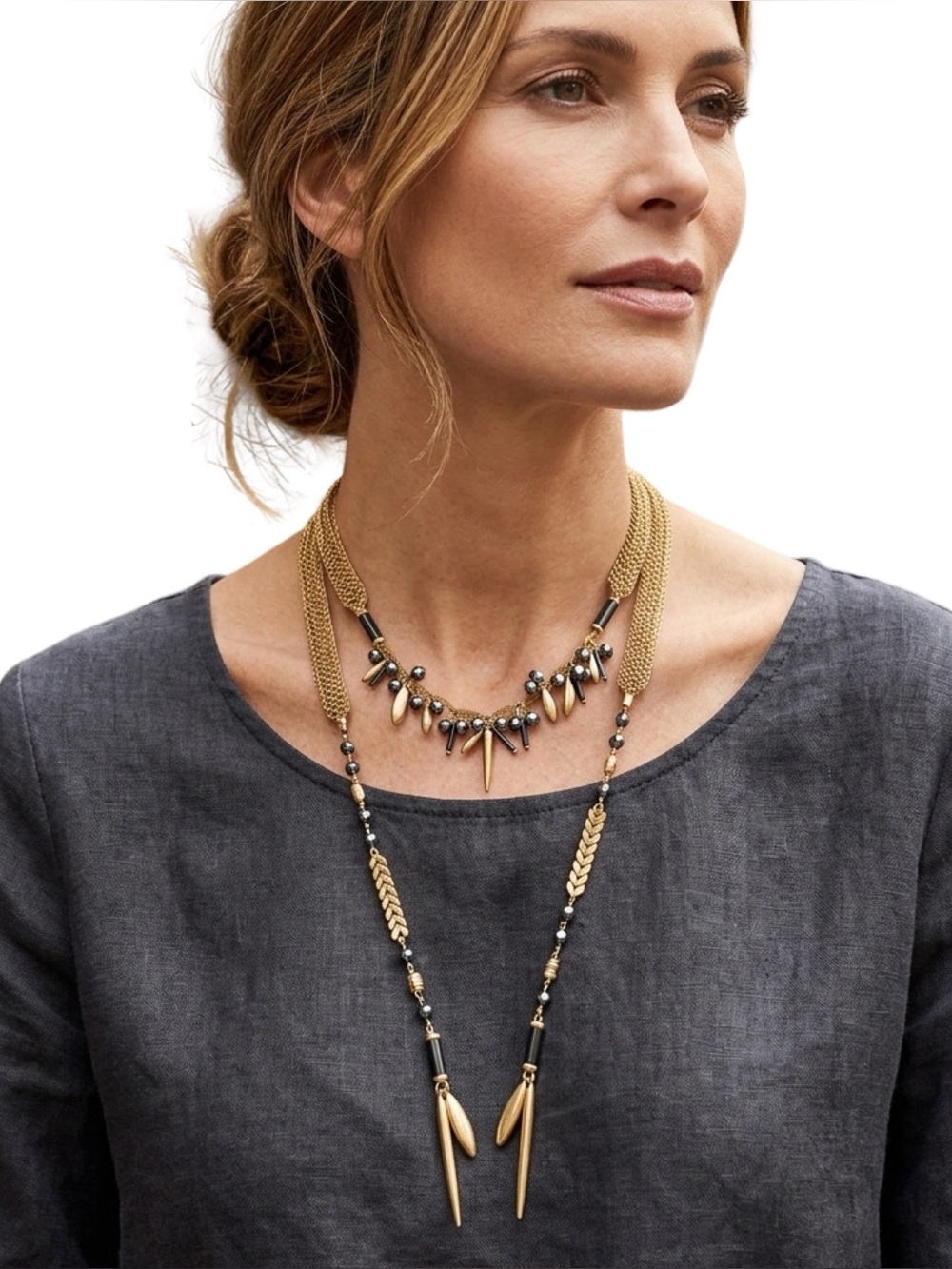 Stella & Dot Laurel Pearl Chevron Gold Chain Mesh Lariat Style Boho Necklace